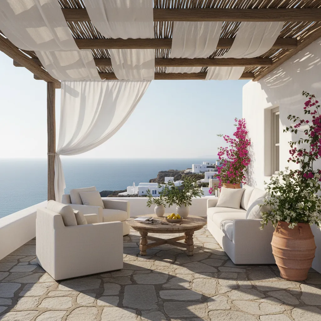 Terraza de casa griega con pérgola y vistas al mar Egeo