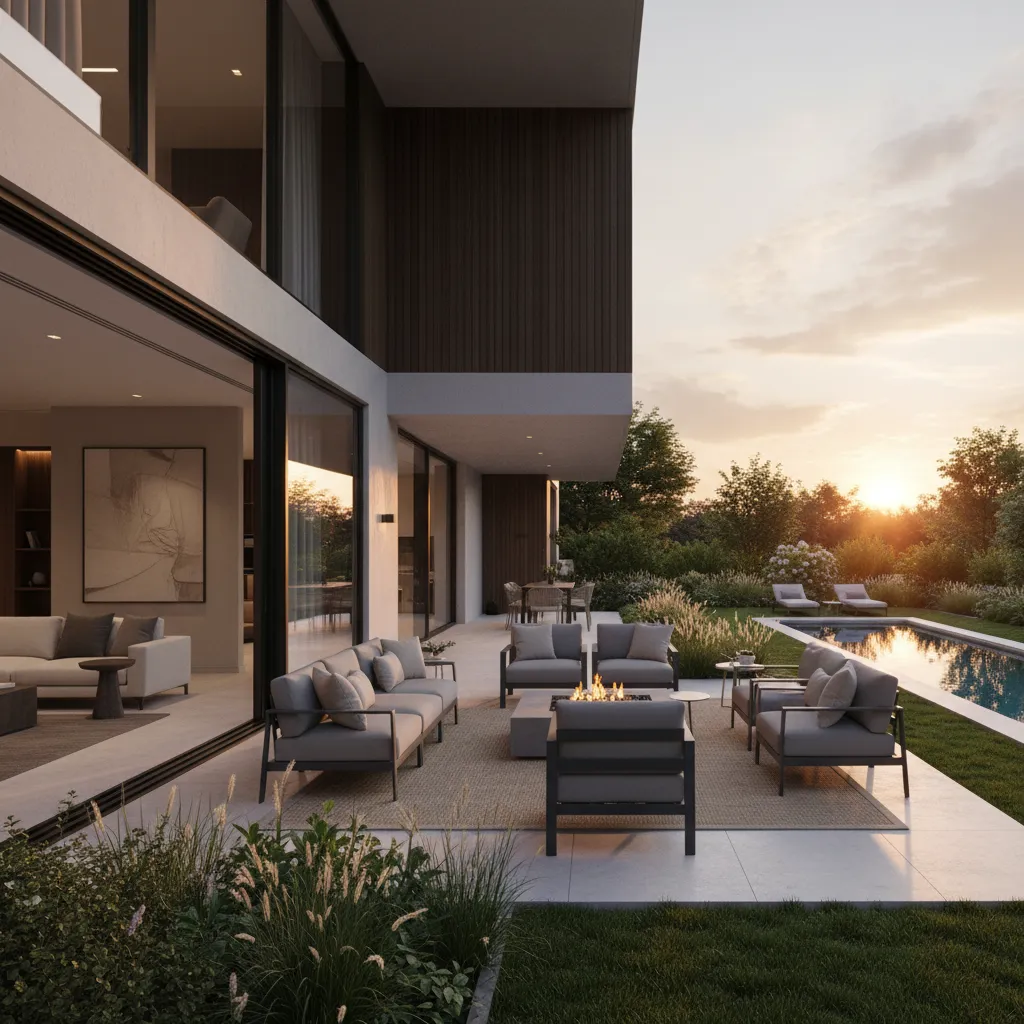 Terraza moderna conectada con el salón en una casa de lujo