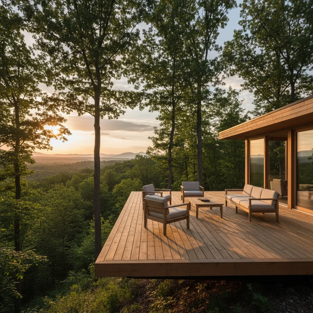 Terraza de casa de madera con vista al bosque