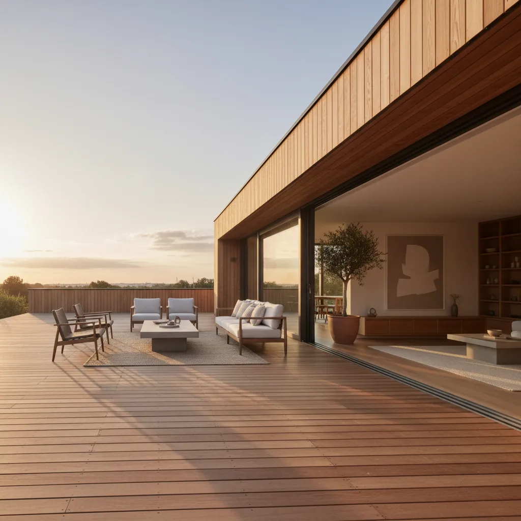 Terraza moderna conectada con salón mediante grandes puertas de cristal