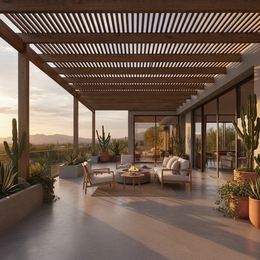 Terraza moderna con sombra arquitectónica y vegetación