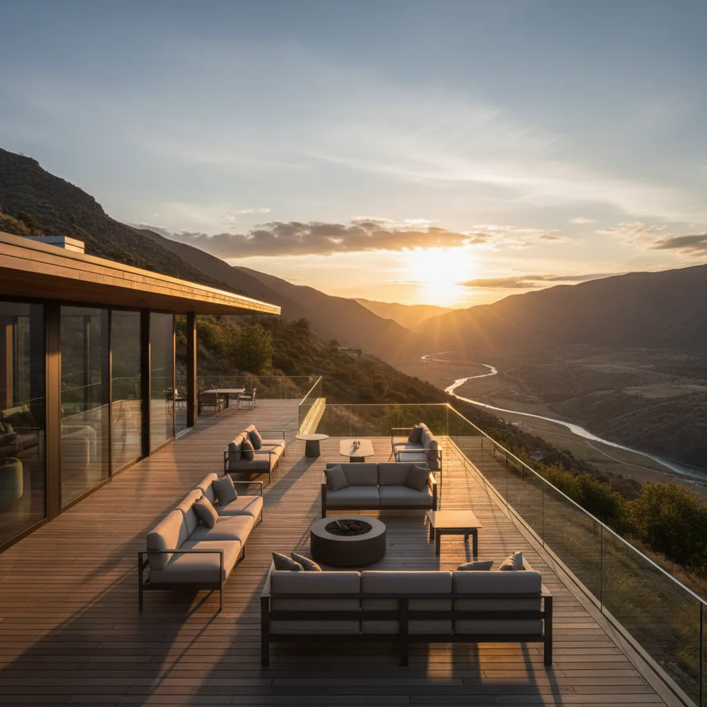 Terraza moderna con vista panorámica desde una casa en pendiente
