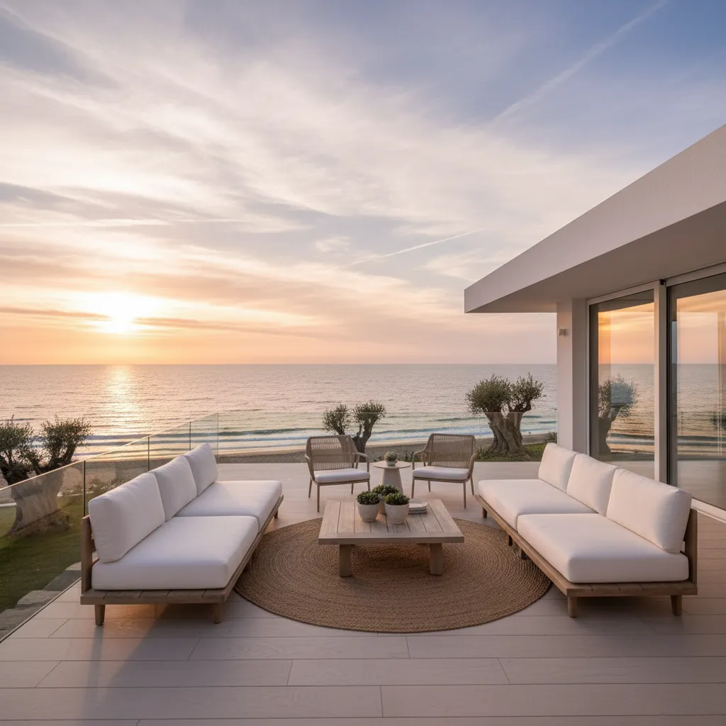 Terraza moderna de casa de playa con mobiliario resistente