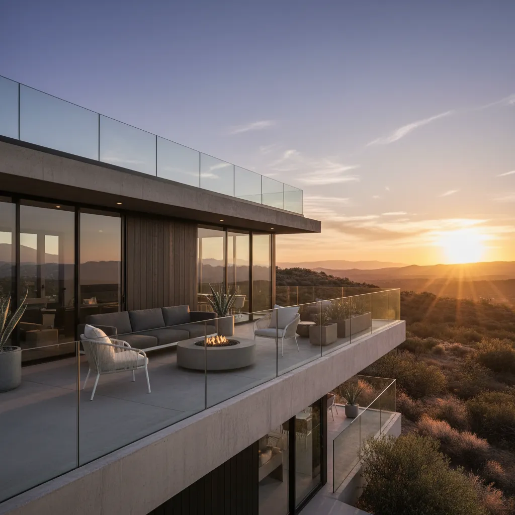 Terraza en segundo piso de casa prefabricada moderna