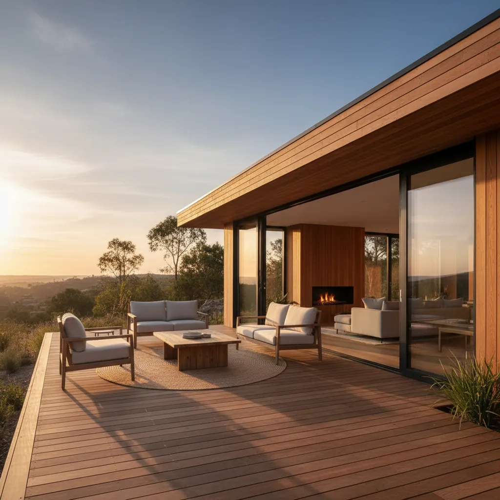 Terraza moderna conectada a una casa prefabricada de madera