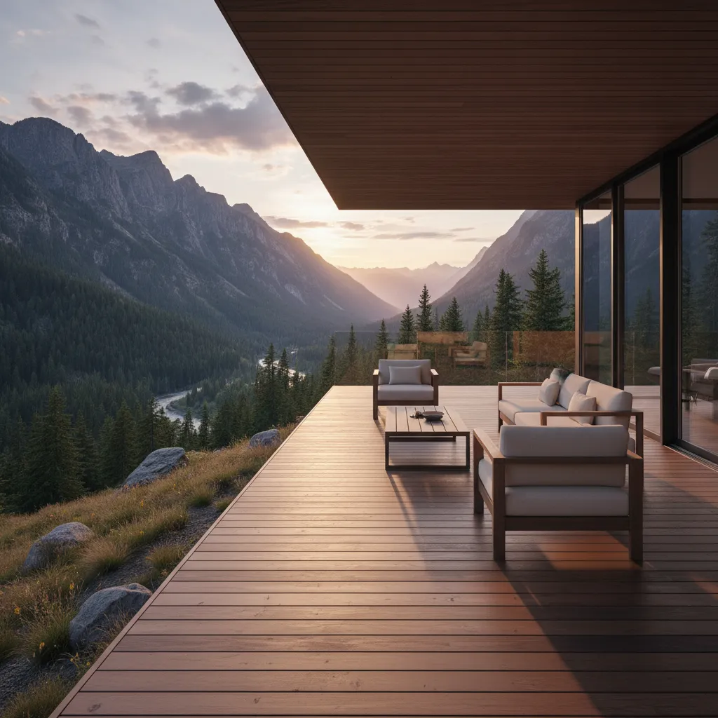 Terraza de casa rural moderna con vistas a la montaña