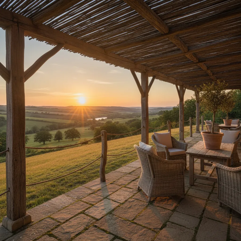 Terraza de casa rústica con madera, piedra y vistas naturales
