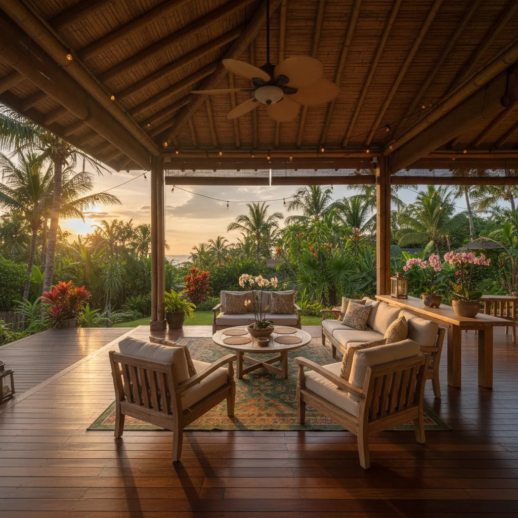 Terraza cubierta en casa tropical