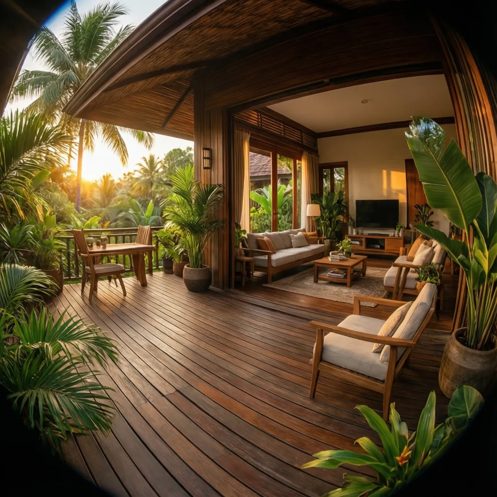 Tropical wooden deck with outdoor chairs overlooking a green forest during a beautiful warm sunset