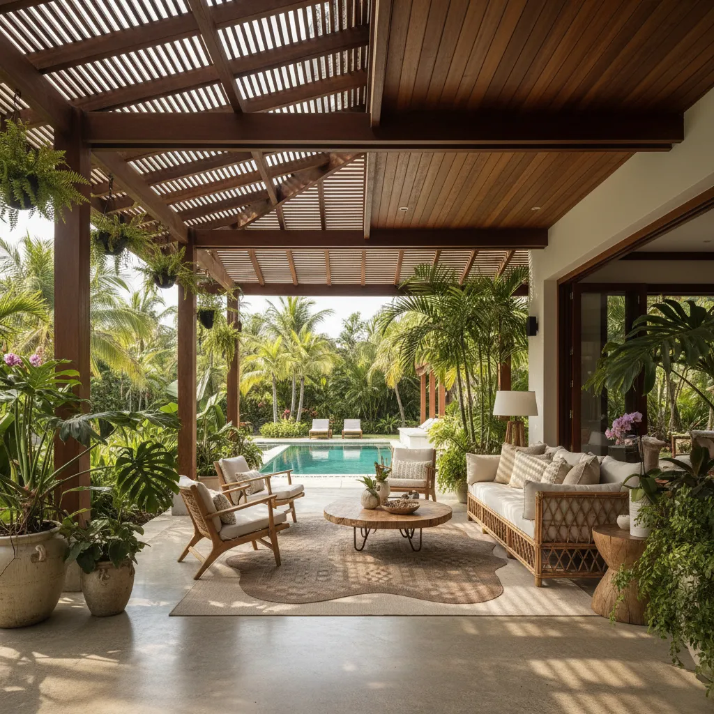 Terraza cubierta en una casa tropical