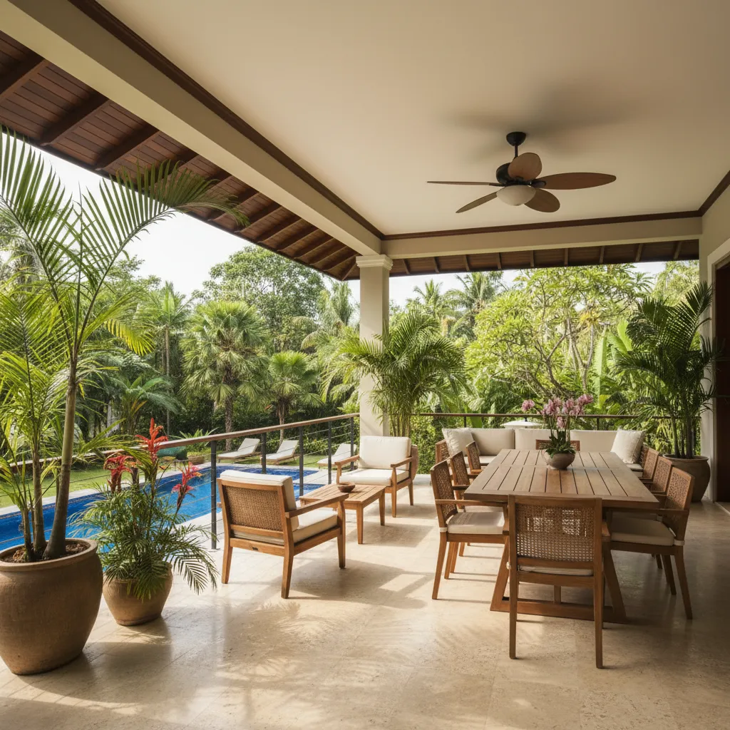 Terraza cubierta de casa tropical con vista al jardín