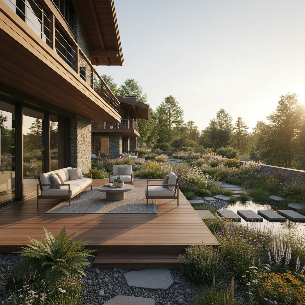 Modern wood deck with white sofa armchairs coffee table garden plants and a small water pond