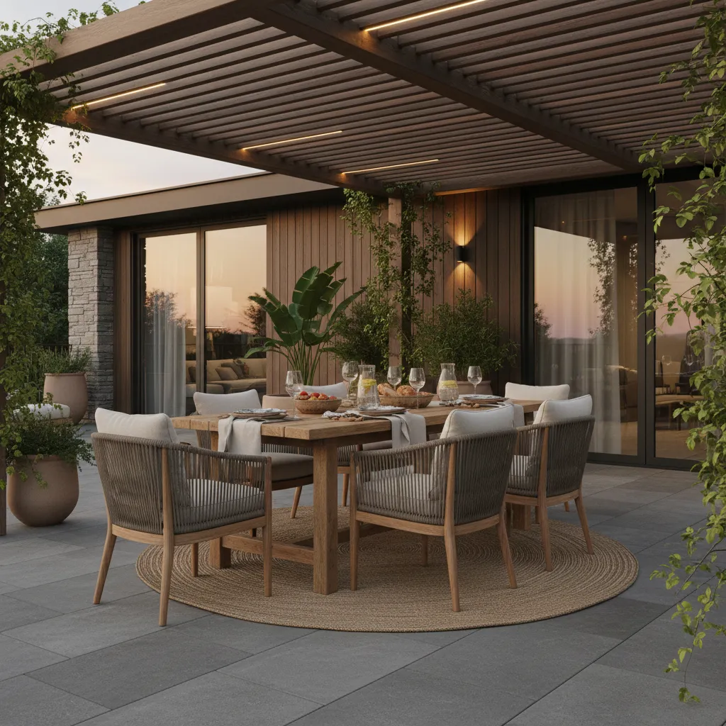 Comedor exterior en una terraza residencial moderna