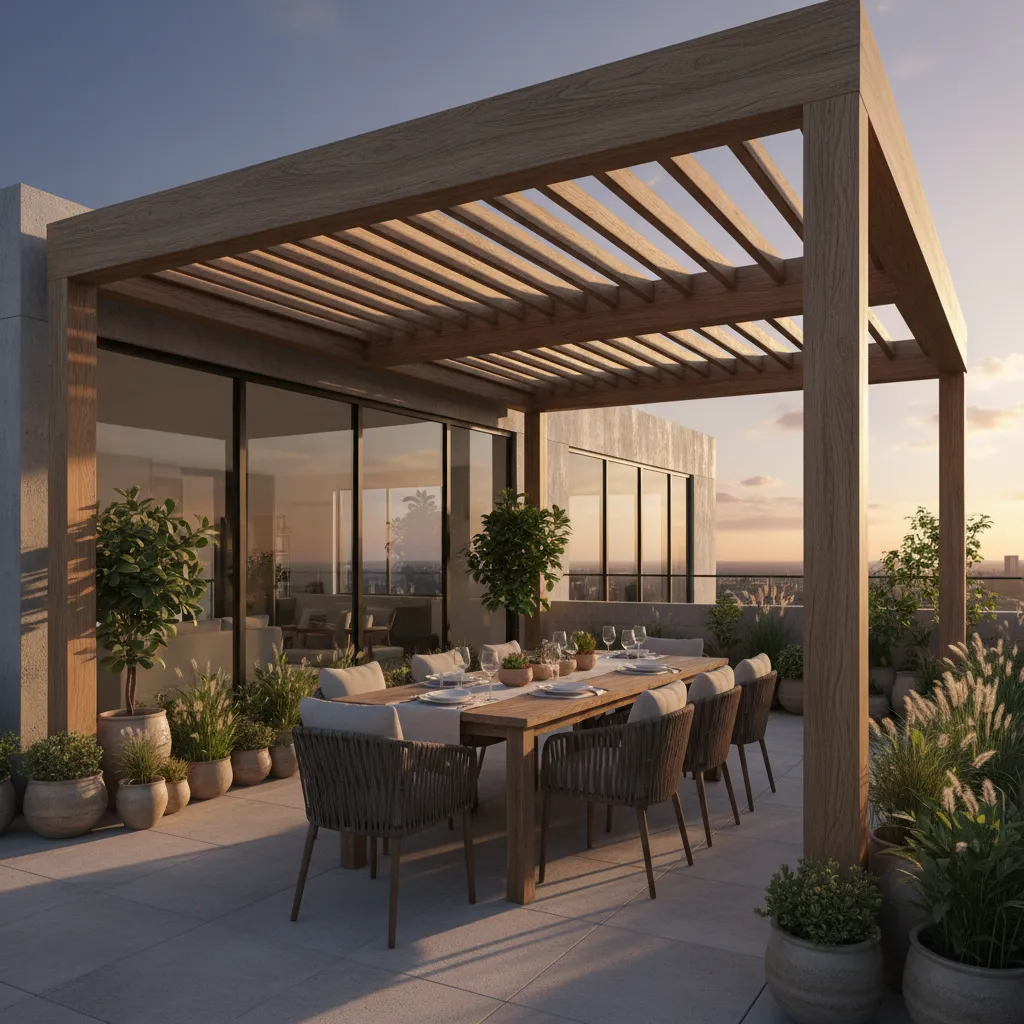 Terraza en segundo piso con pérgola moderna para sombra