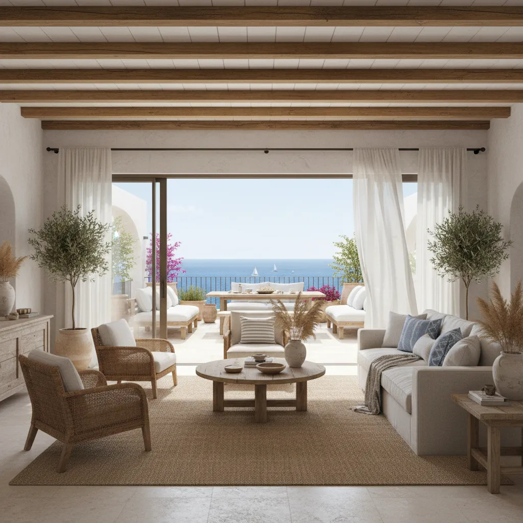 Salón conectado con terraza mediterránea en vivienda costera