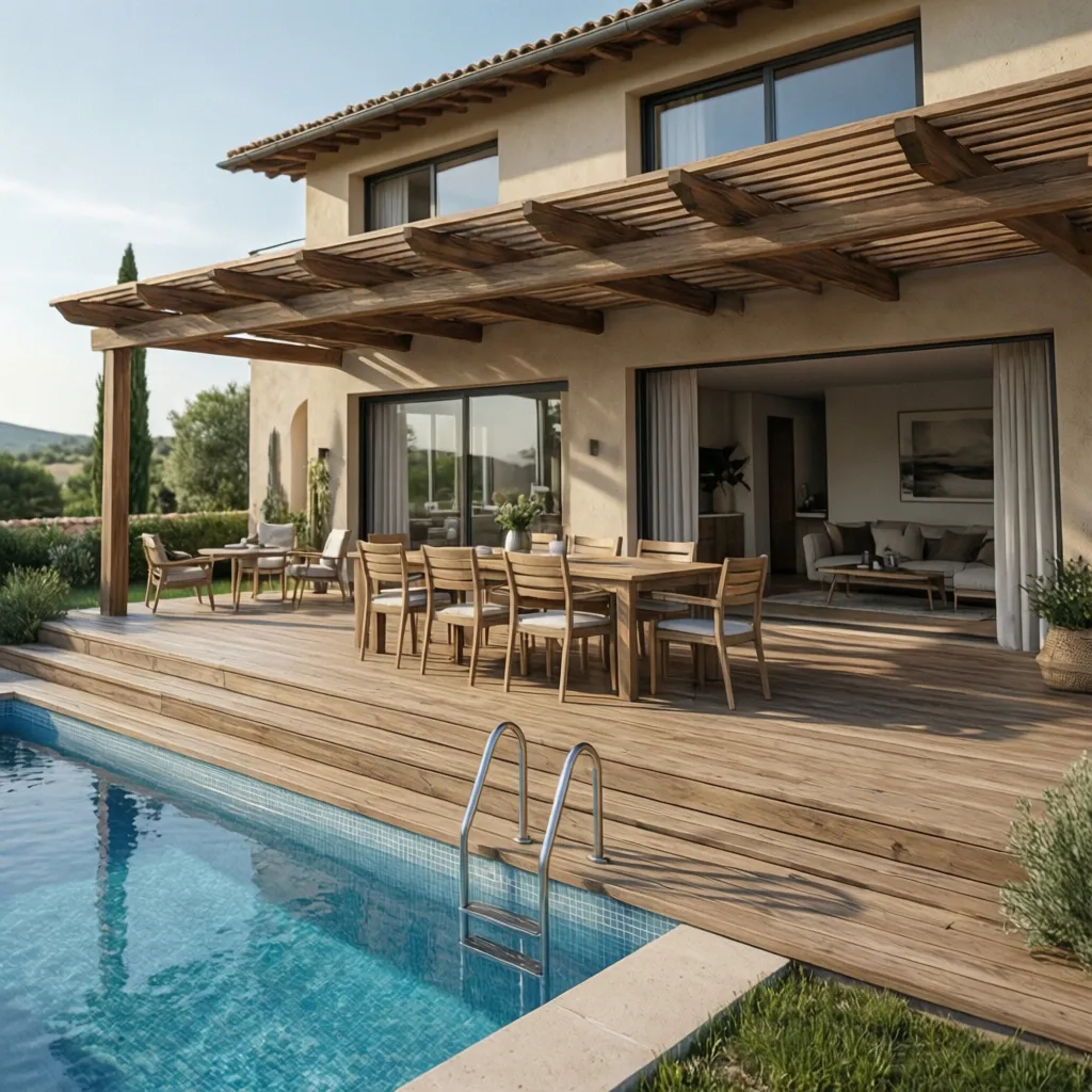 Wooden outdoor deck featuring a large dining table under a pergola next to a blue pool
