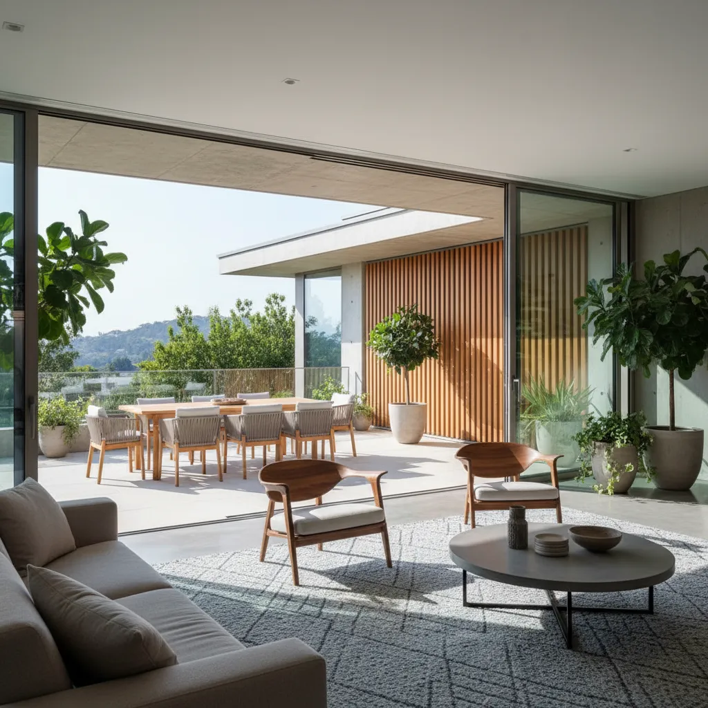 Terraza conectada al salón con puertas correderas de vidrio