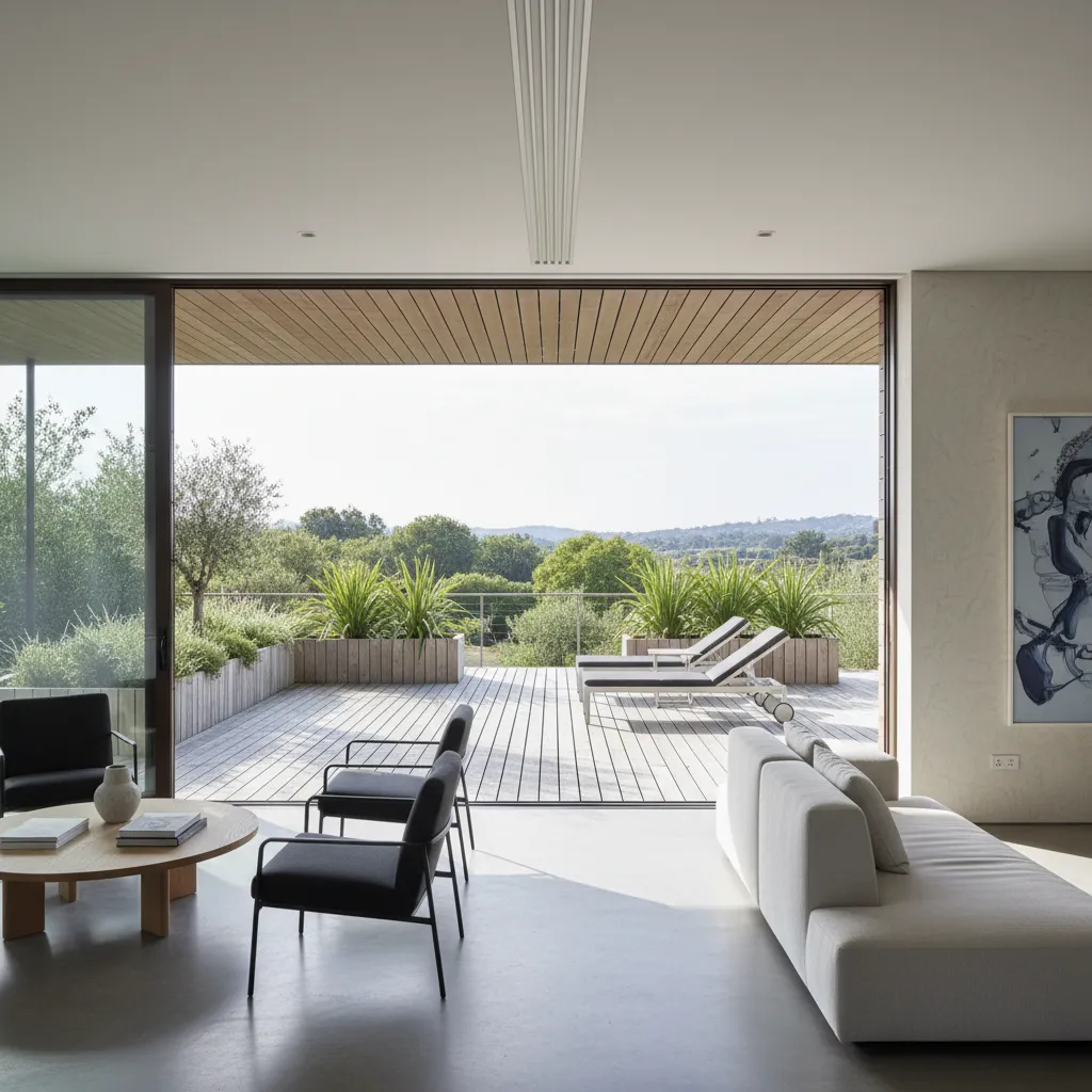 Terraza conectada al salón con puertas correderas de vidrio