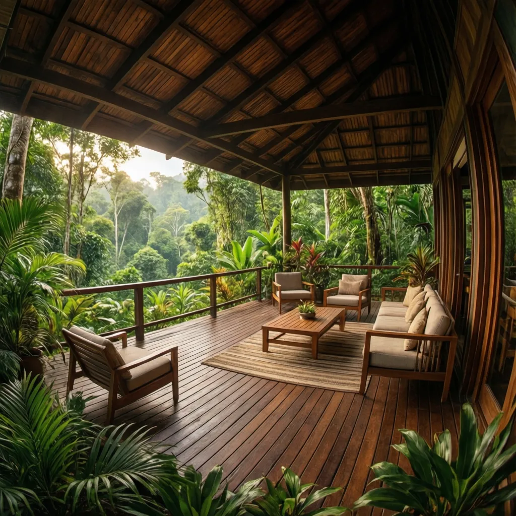 Terraza cubierta en casa tropical rodeada de vegetación