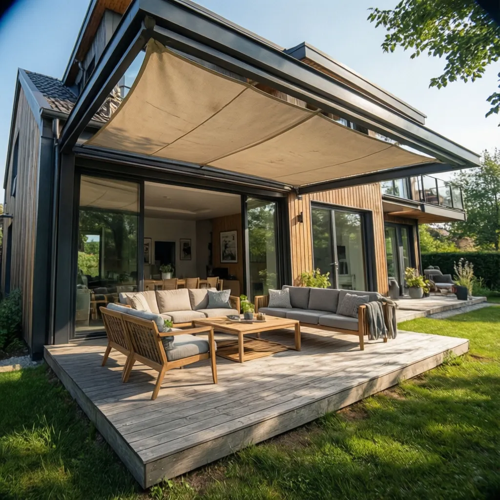 Terraza exterior cubierta con una marquesina moderna