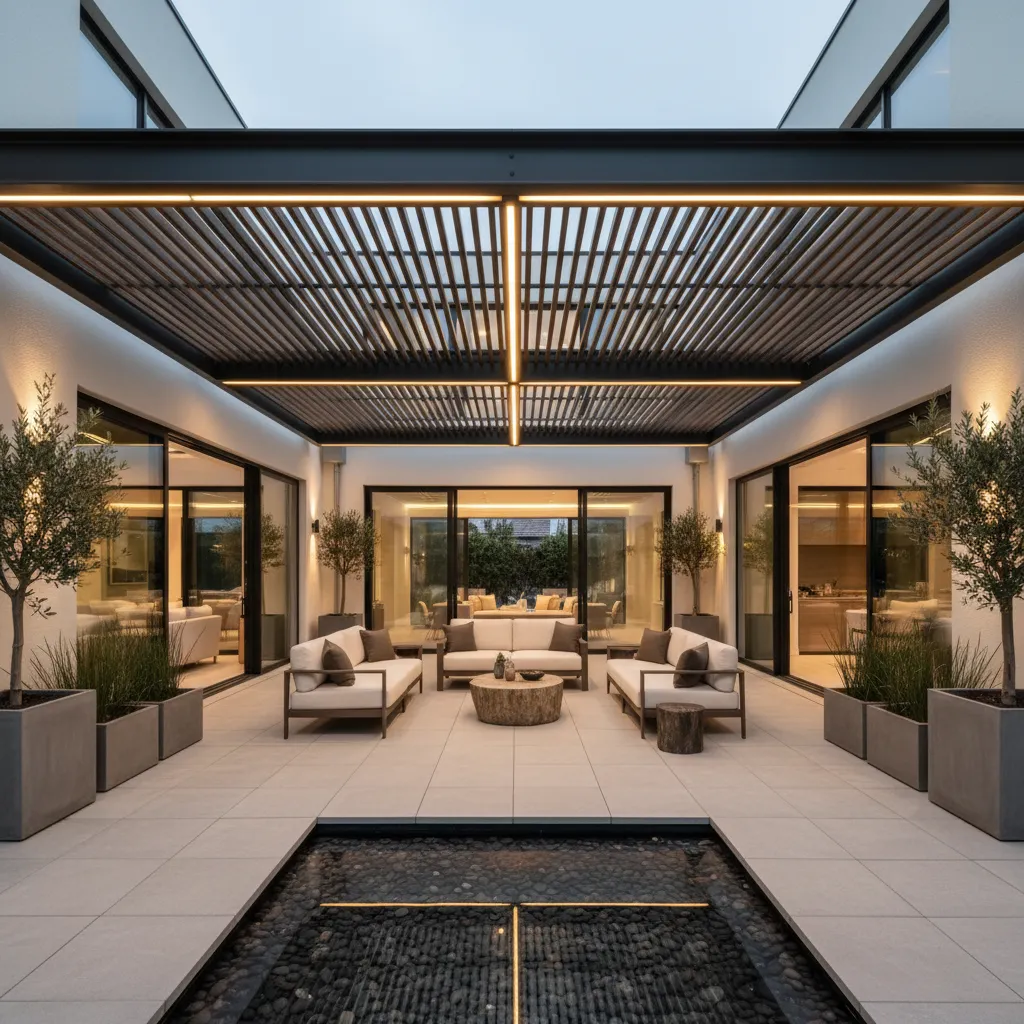 Terraza cubierta en patio de casa en forma de U
