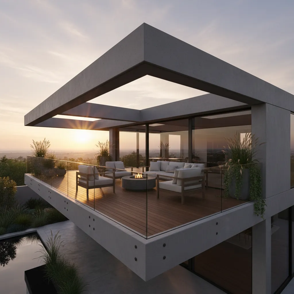 Terraza en esquina con vistas abiertas en una casa moderna