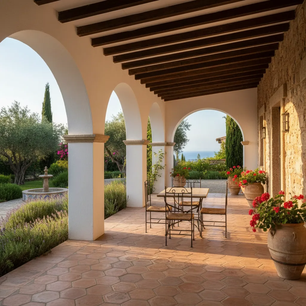 Galería cubierta con arcos en una casa colonial española