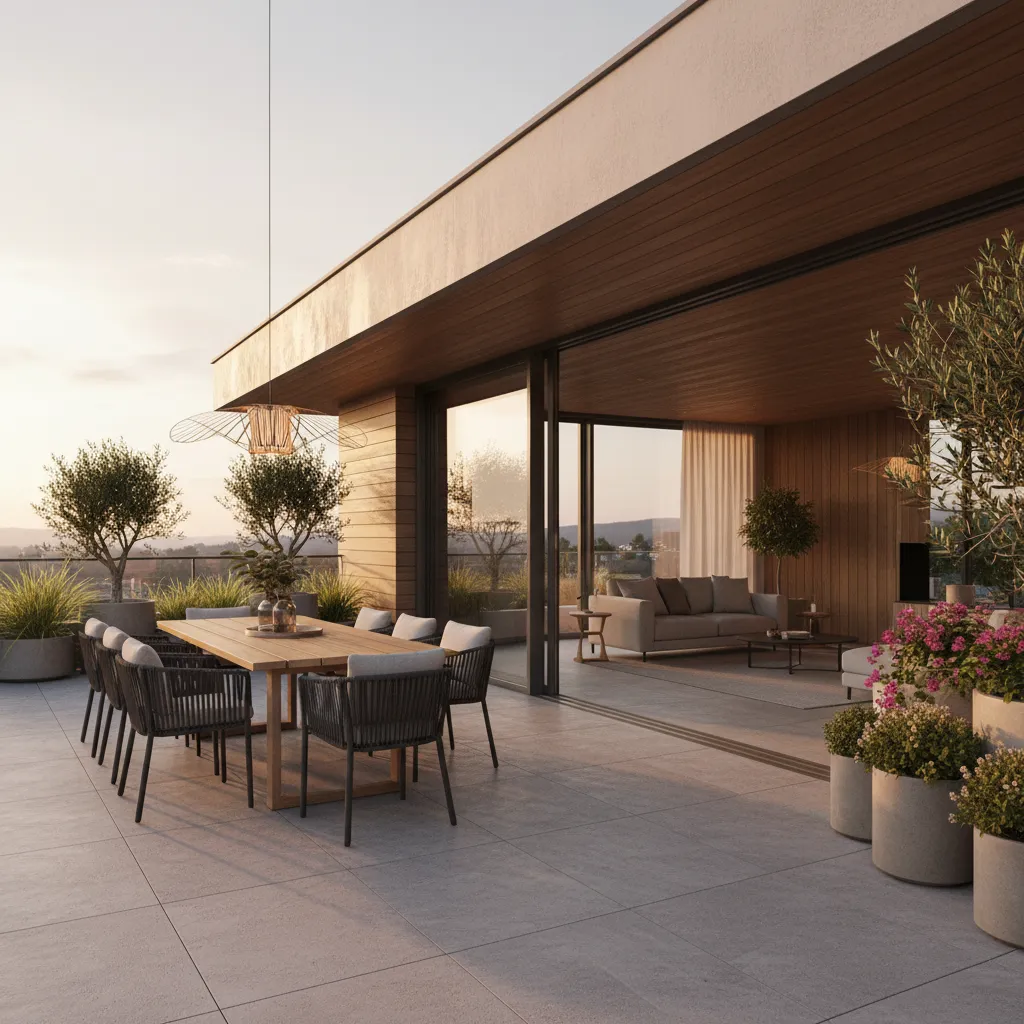 Terraza moderna conectada al salón mediante puertas de vidrio