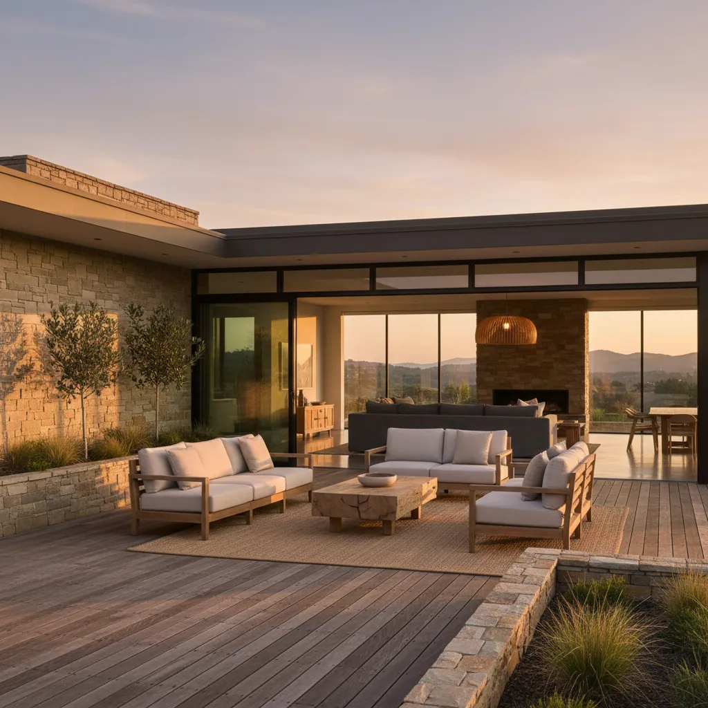 Modern wooden deck with outdoor sofas and coffee table overlooking a mountain view at sunset