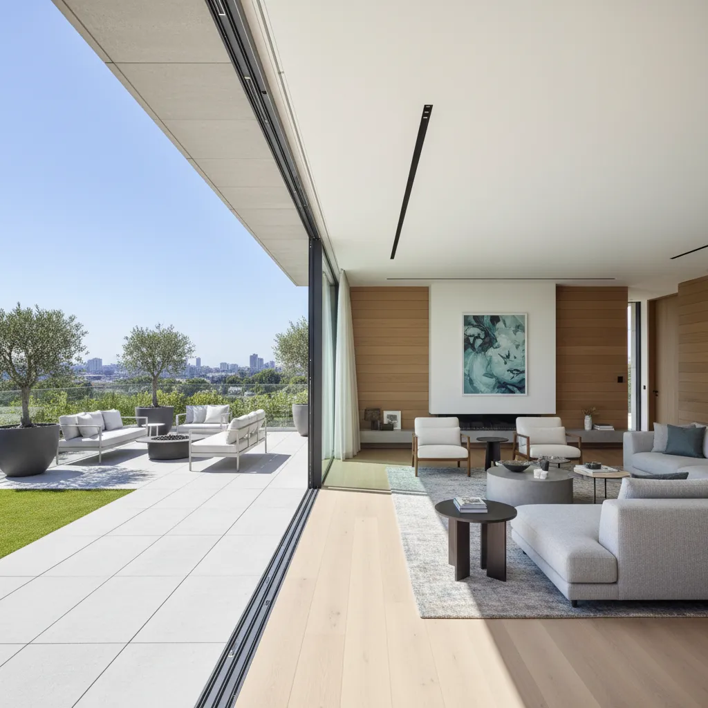 Sala conectada con terraza mediante puertas corredizas de vidrio