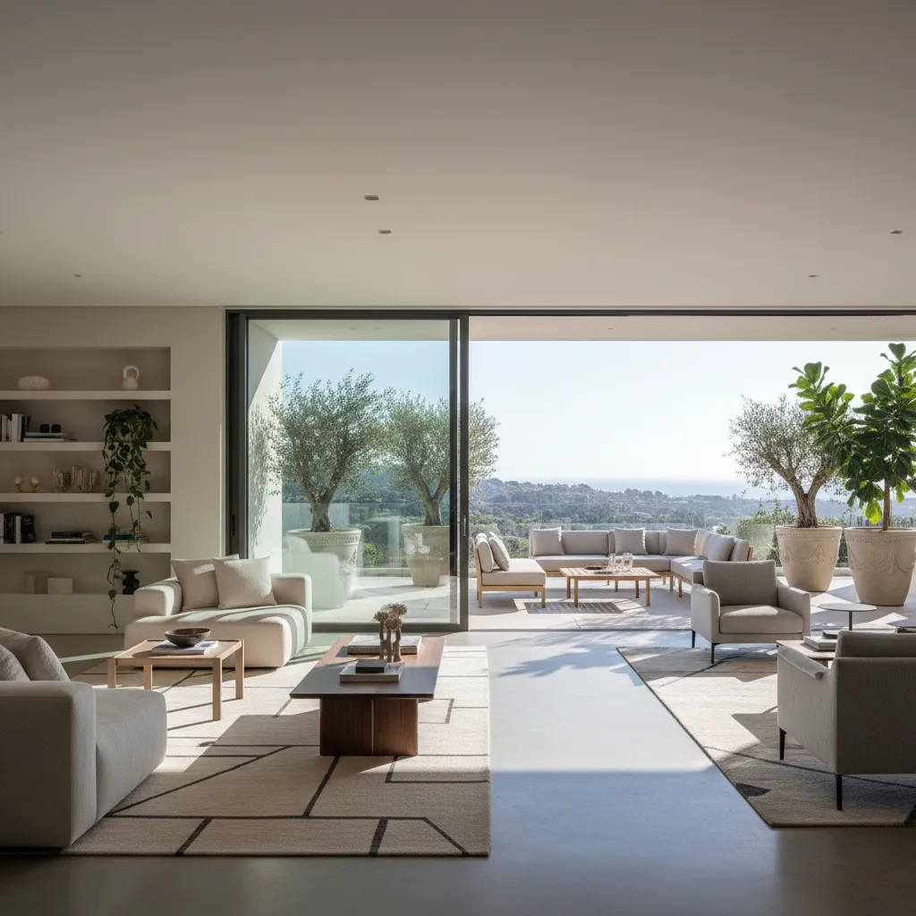 Terraza conectada visualmente con el salón mediante puertas de vidrio