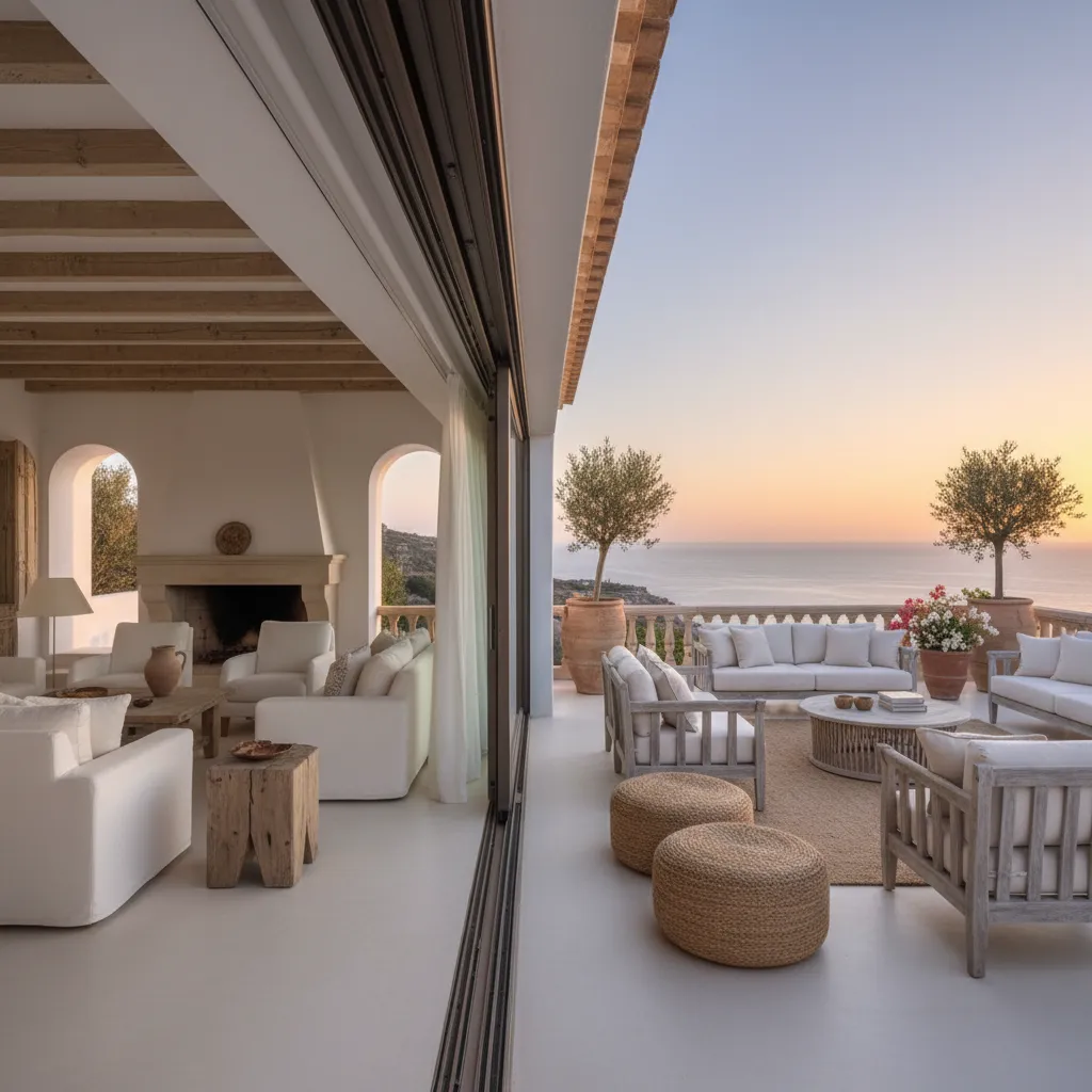 Terraza conectada visualmente con el salón en vivienda mediterránea