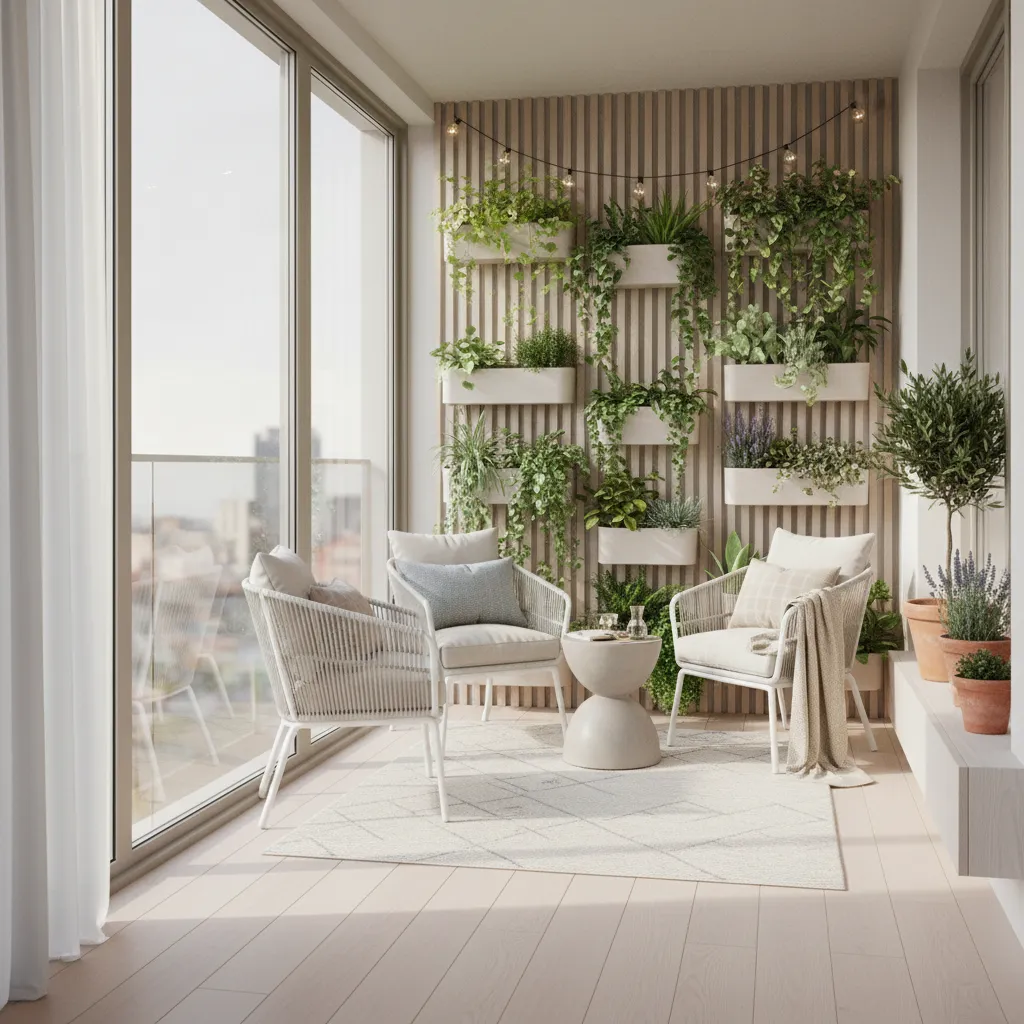 Pequeña terraza interior con muebles compactos y colores claros