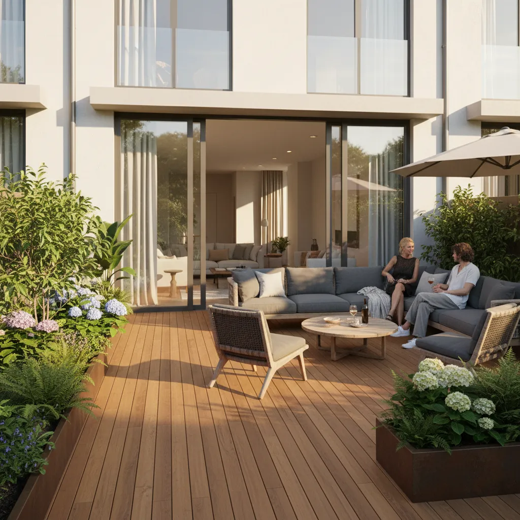 Pequeño jardín con terraza conectado al salón en casa adosada