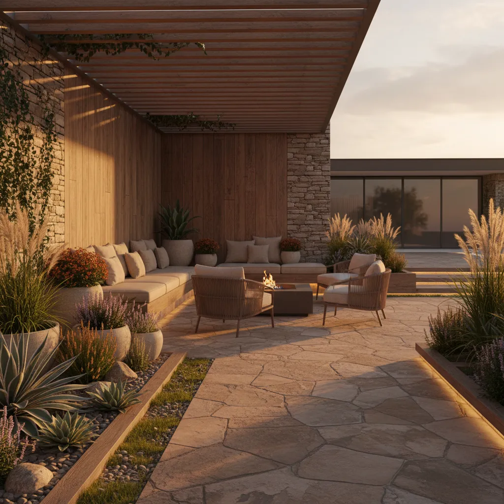 Stone patio with sofa seating area fire pit potted plants and wooden wall at sunset