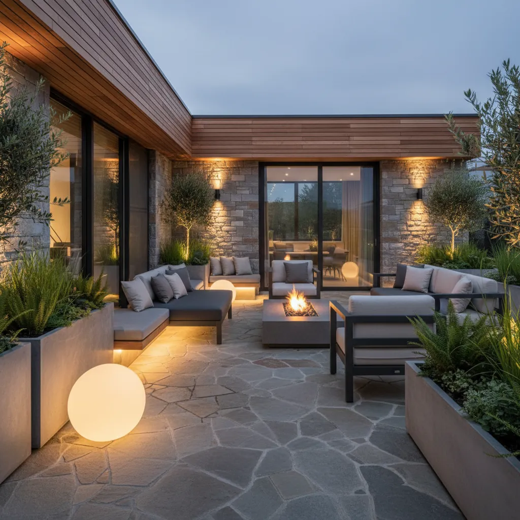 Terraza moderna con iluminación cálida y vegetación decorativa