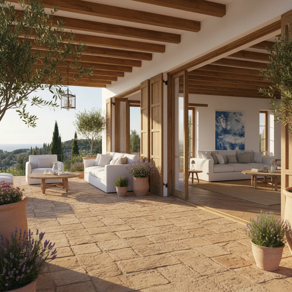 Terraza mediterránea conectada con el interior de una vivienda española