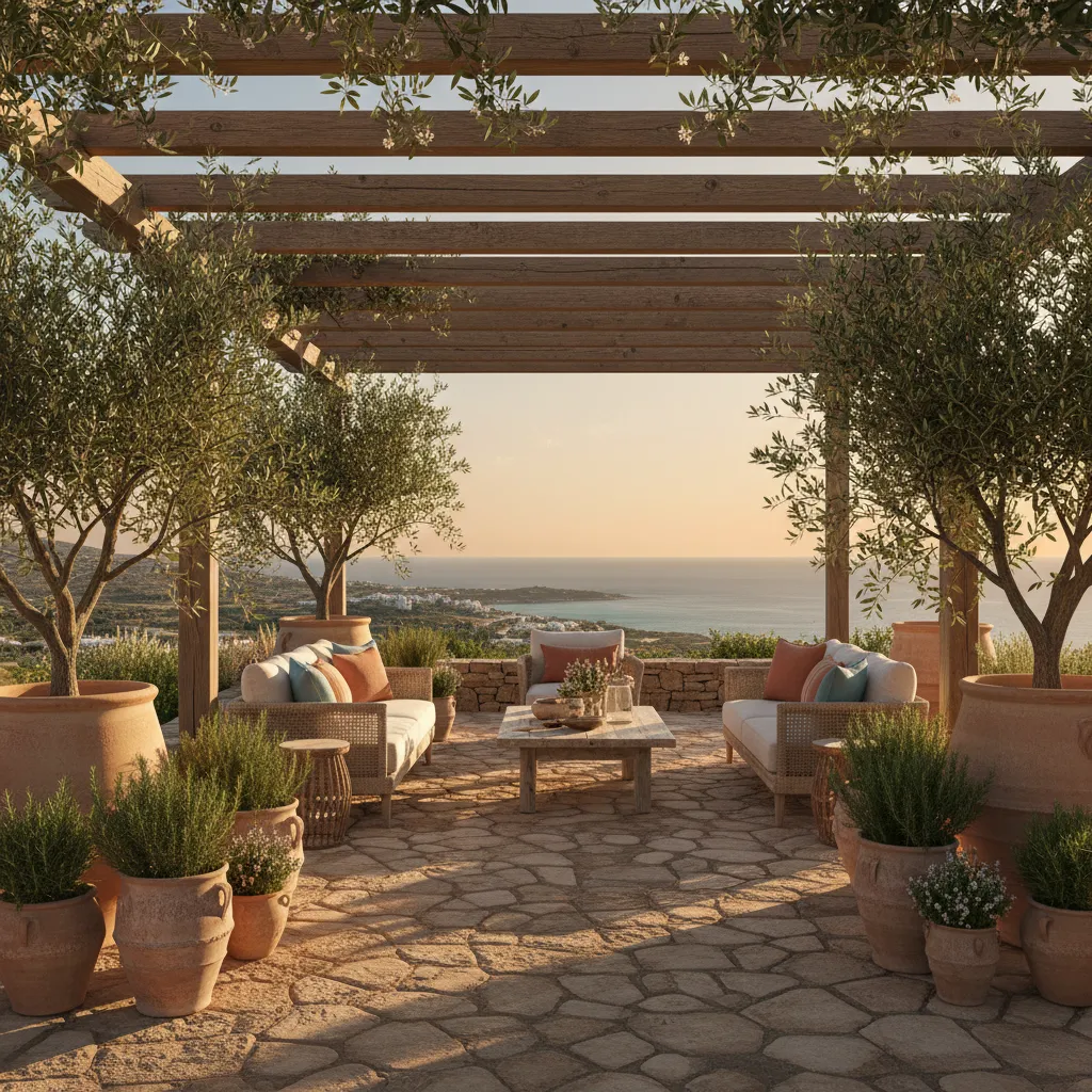 Terraza mediterránea con pérgola de madera y suelo de piedra