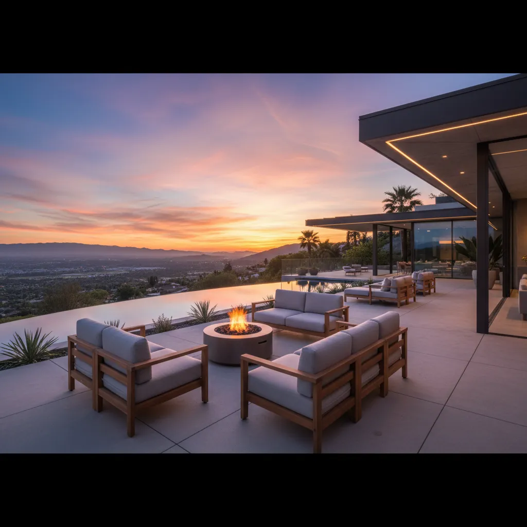 Large outdoor patio with gray sofas a fire pit and pool overlooking the city at sunset