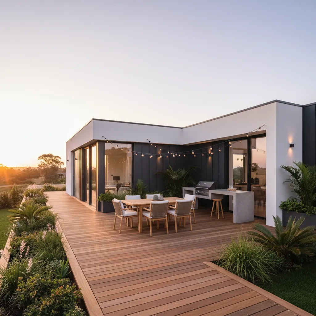 Terraza exterior integrada en el patio de una casa en forma de L