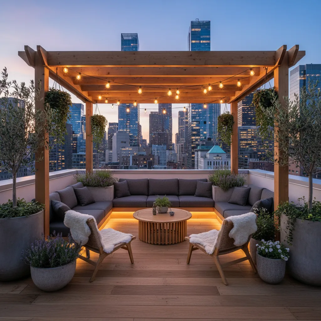 Terraza pequeña con pérgola y plantas en una casa urbana