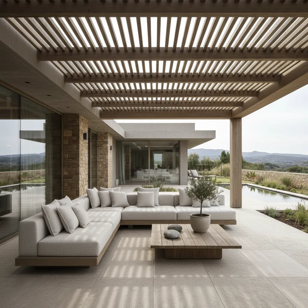 Terraza moderna con pérgola y zona de descanso exterior