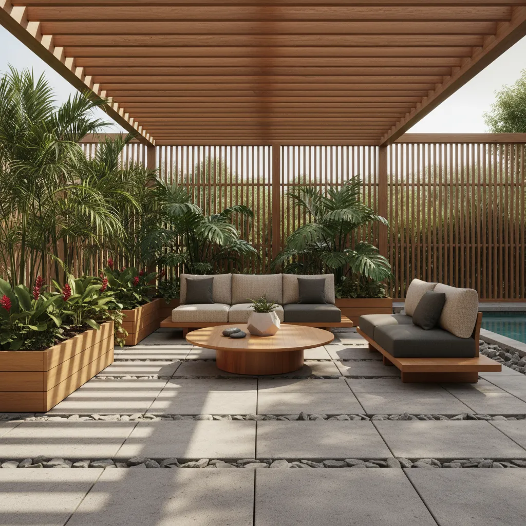 Terraza con pérgola de madera y área social exterior