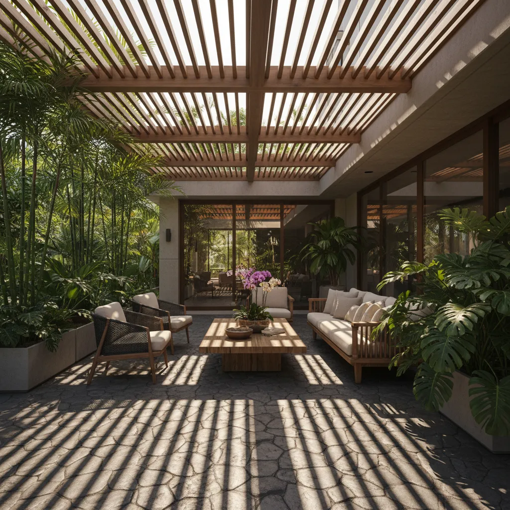 Terraza con pérgola de madera que genera sombra profunda