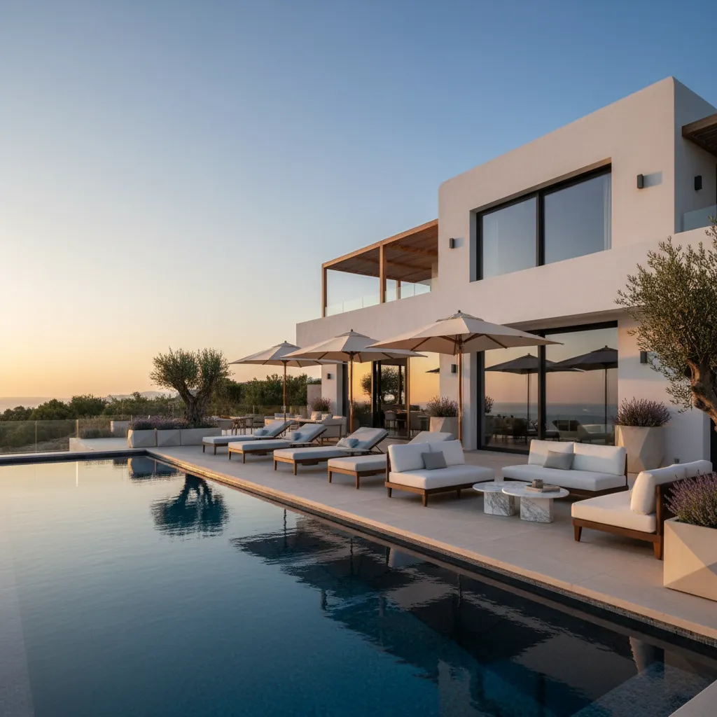 Terraza exterior con piscina y zona de descanso en casa contemporánea
