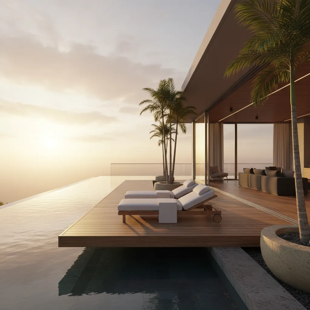 Terraza exterior conectada a piscina en casa moderna
