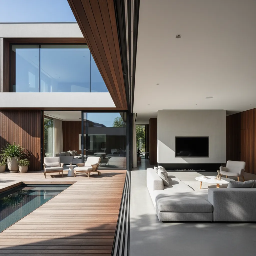 Terraza moderna conectada al salón con piscina pequeña