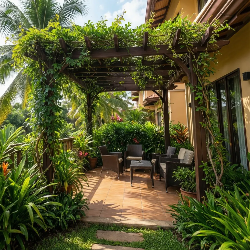 Terraza con pérgola cubierta por plantas trepadoras