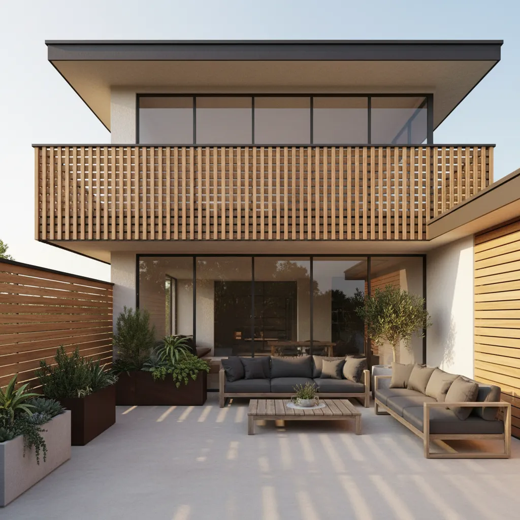 Terraza en segundo piso con celosía de madera para privacidad