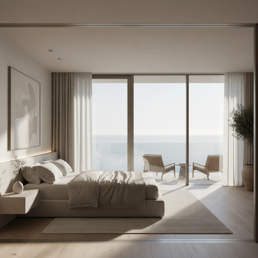 Terraza privada conectada a dormitorio principal en casa moderna